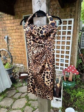 VINTAGE 2000s CACHE Leopard Print Satin Halter Ruched Bodycon Dress